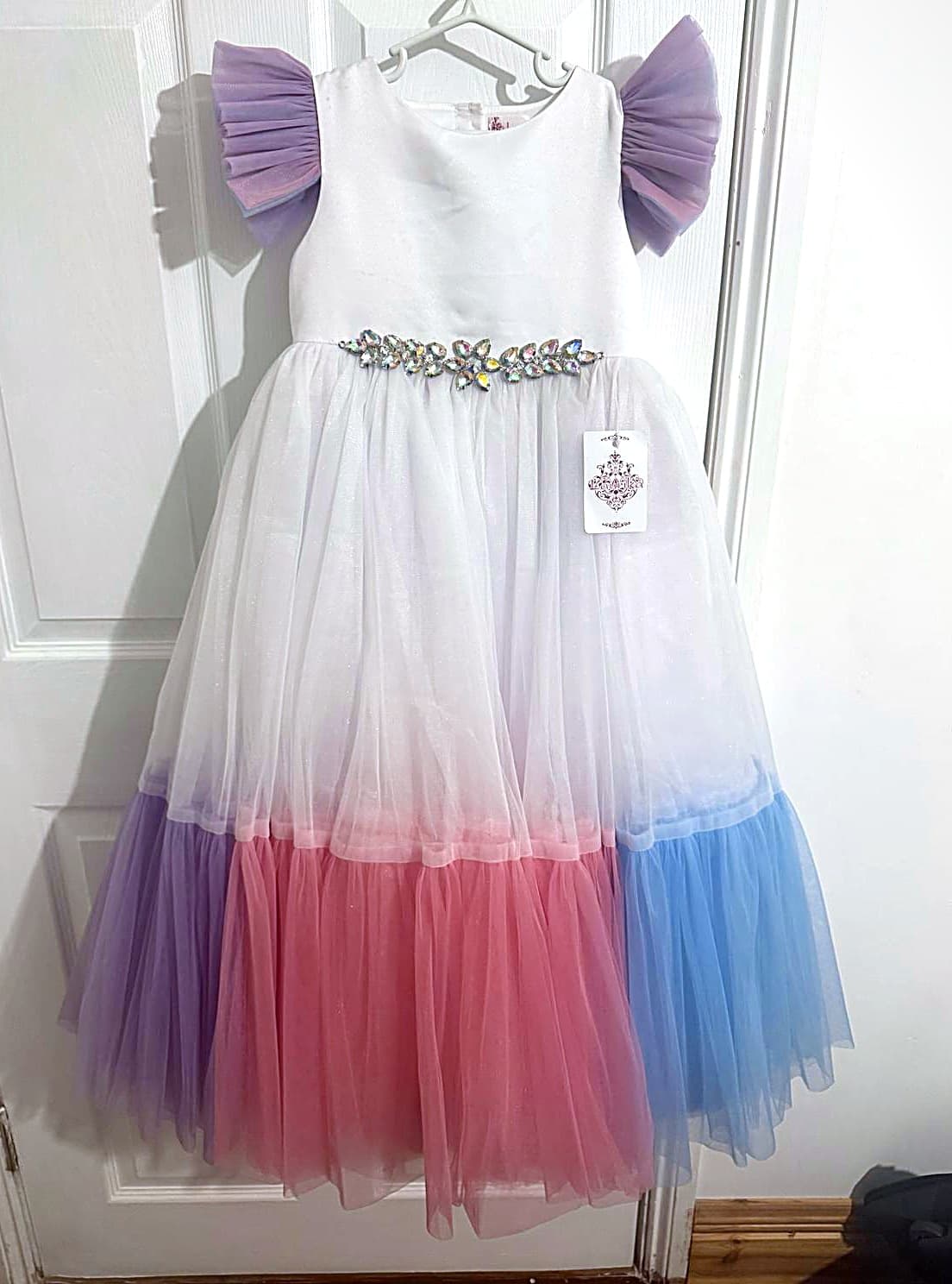The Aurora rainbow colourblock gown with crystal belt